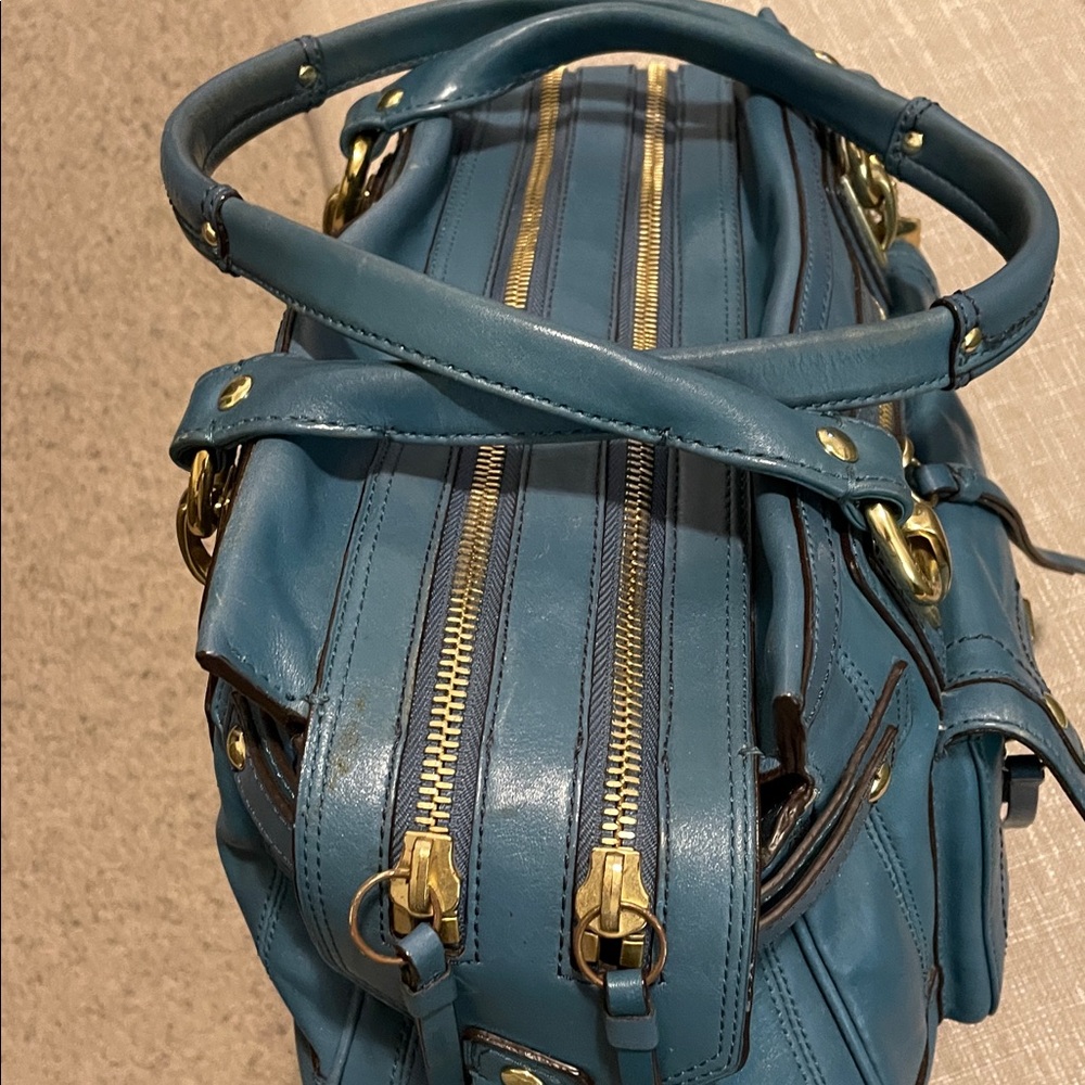 Coach Hampton Lindsay Satchel F12475 Teal Medium Size Structured Pockets Galore - Picture 13 of 16
